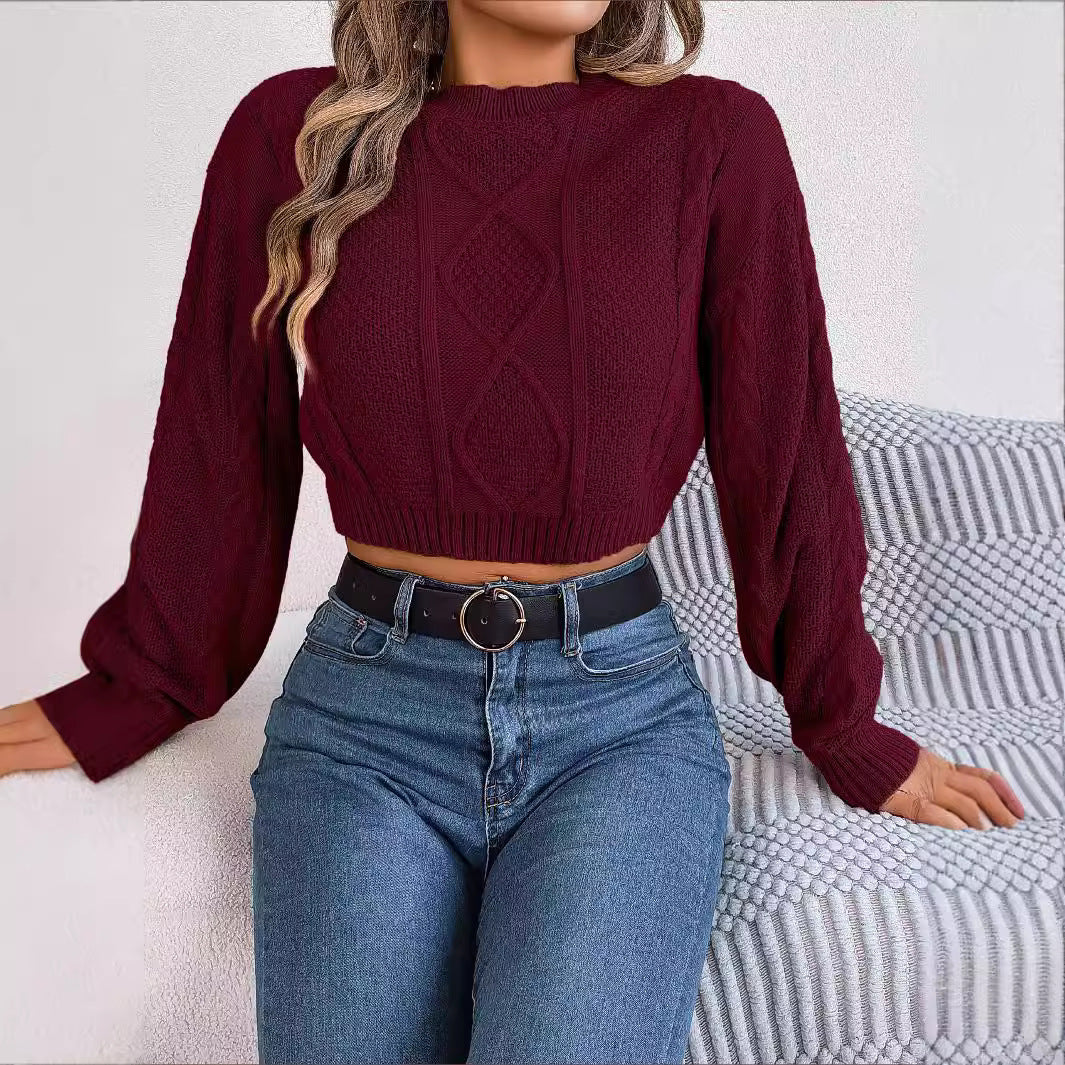 Autumn and Winter Leisure Solid Fried Dough Twists Long Sleeve Pullover with Umbilical Exposed Sweater