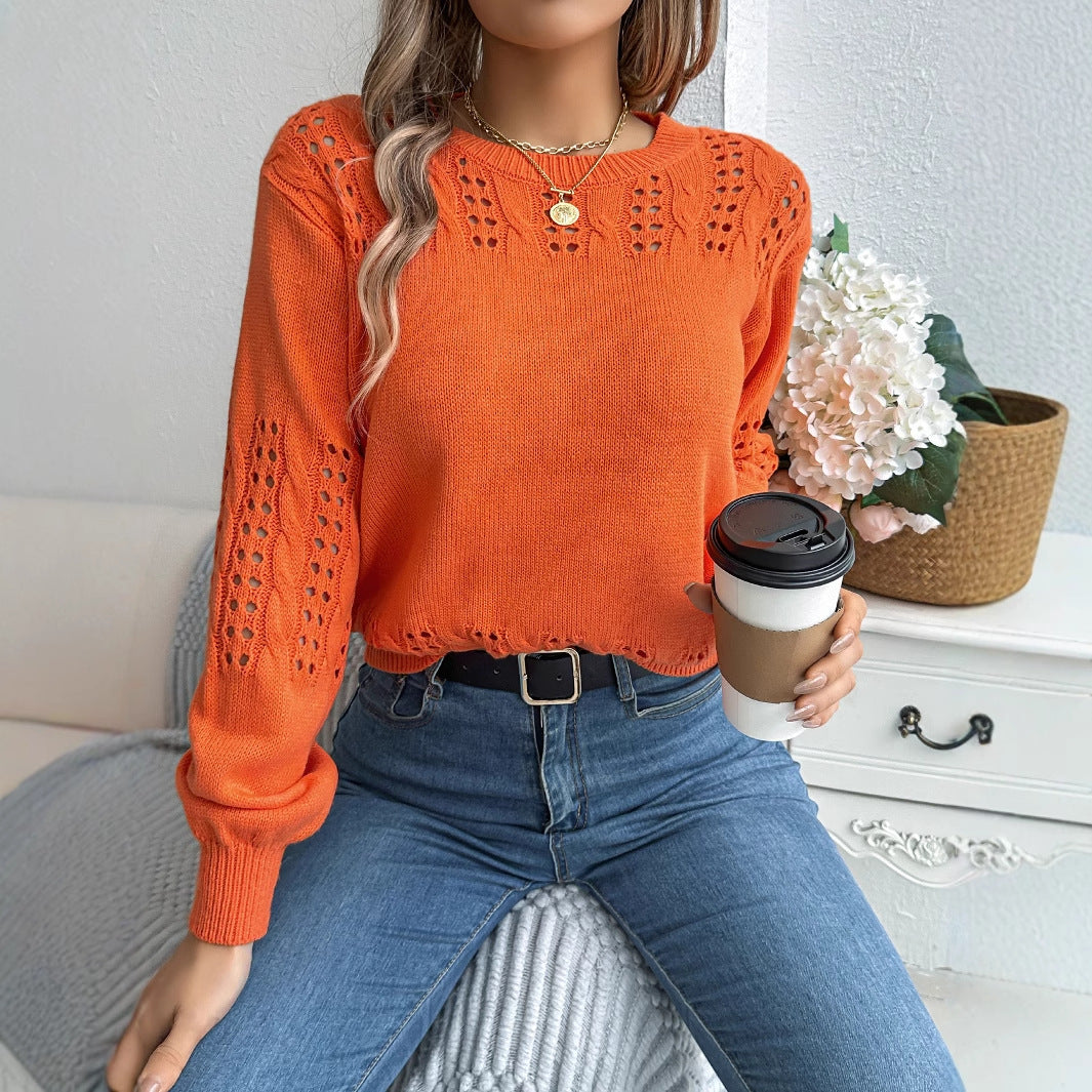 Solid color hollow lantern sleeve sweater