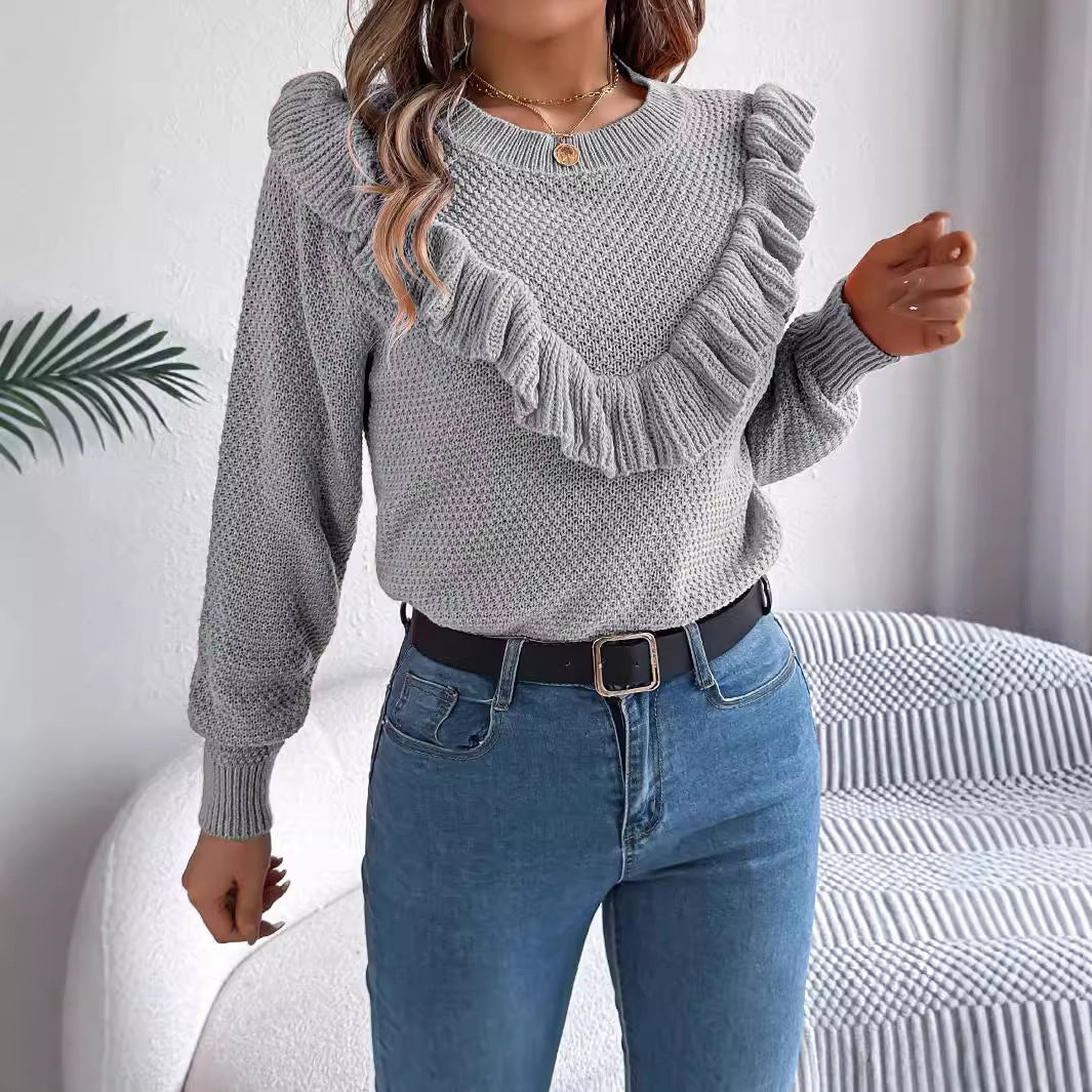 Elegant solid color ruffled long sleeved pullover sweater