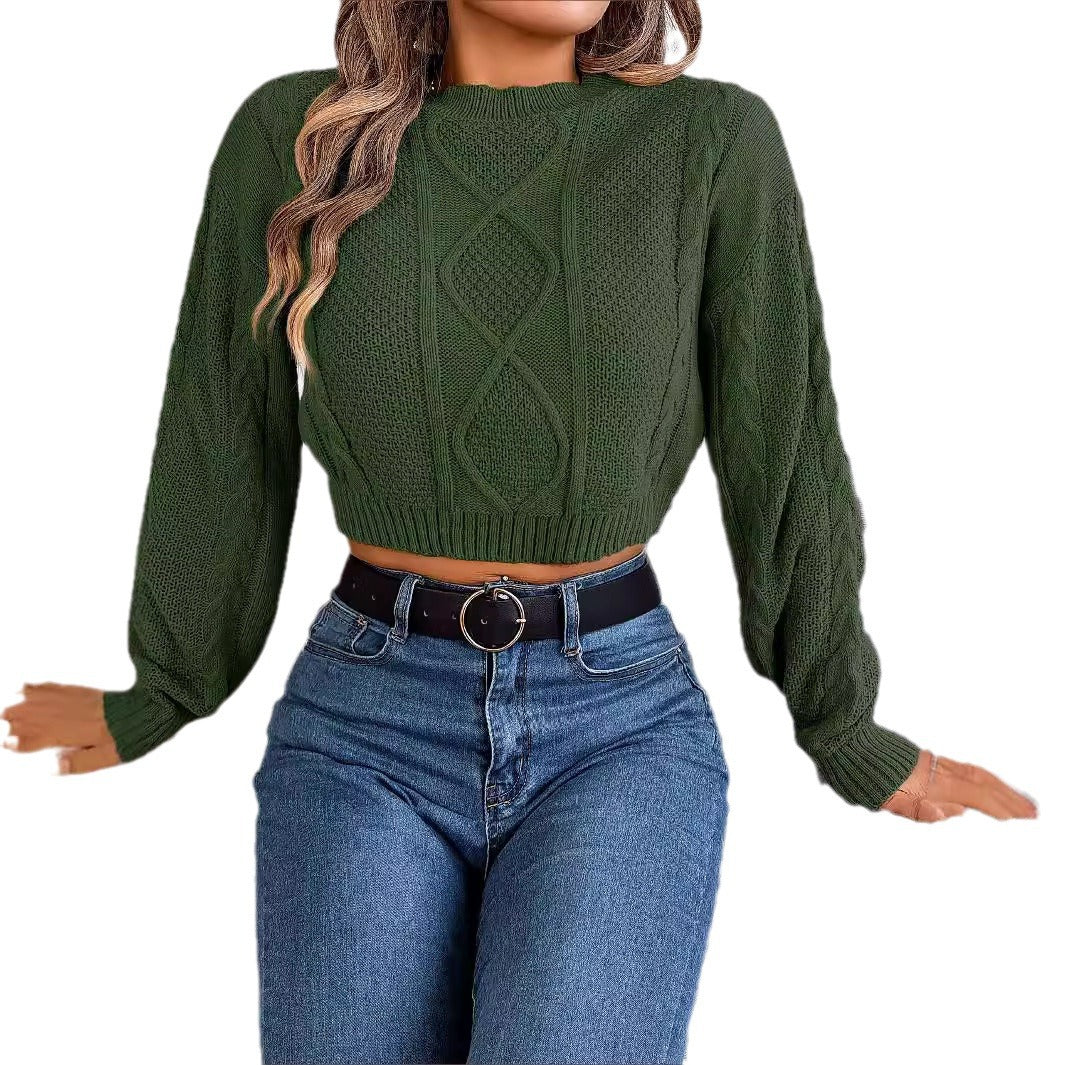 Autumn and Winter Leisure Solid Fried Dough Twists Long Sleeve Pullover with Umbilical Exposed Sweater