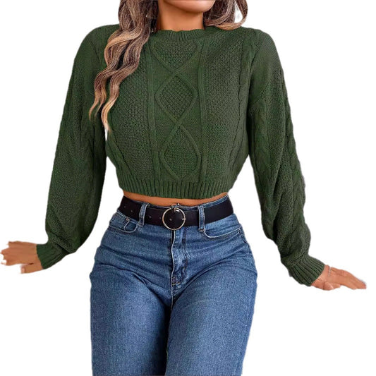 Autumn and Winter Leisure Solid Fried Dough Twists Long Sleeve Pullover with Umbilical Exposed Sweater