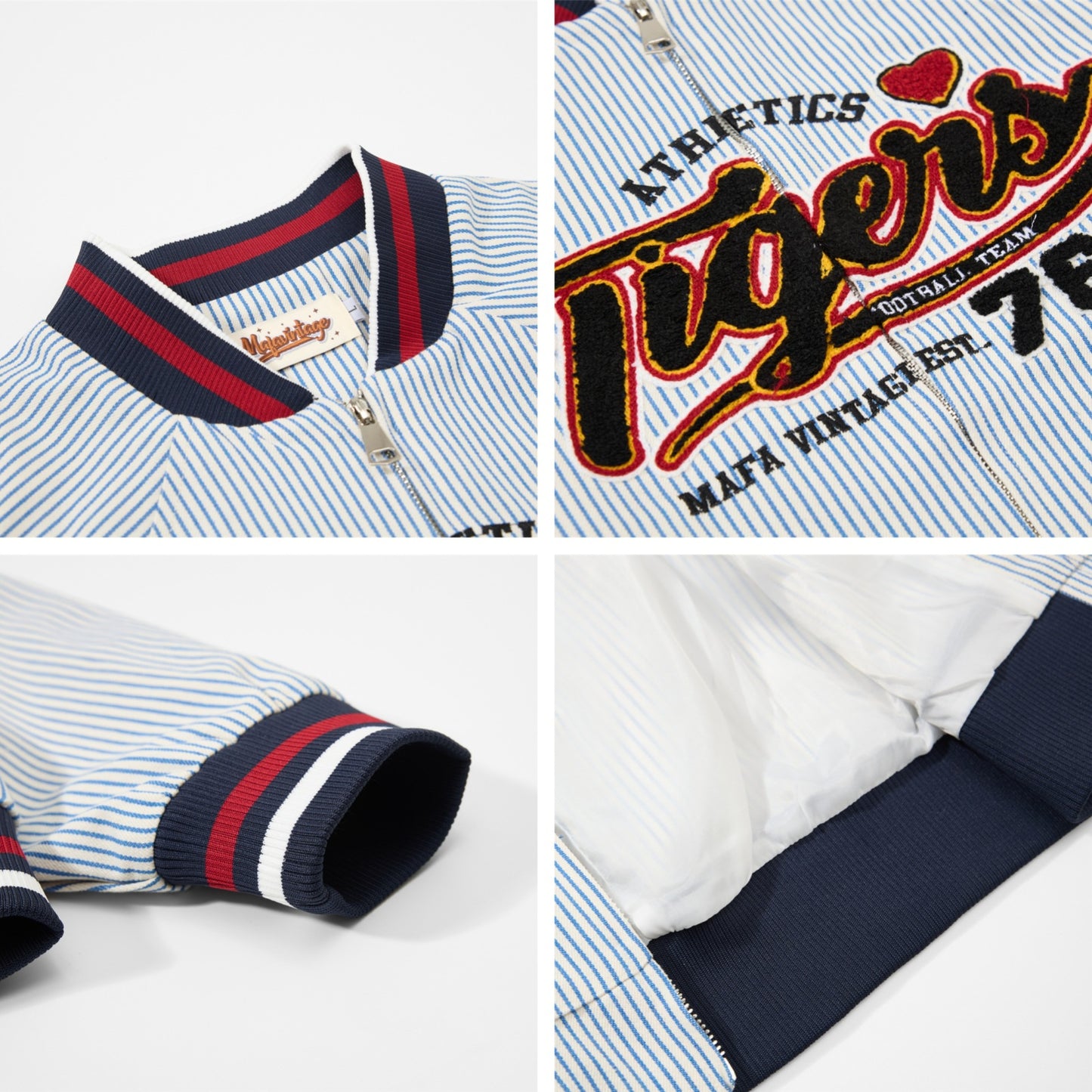 Color-blocked Letter Embroidery Stripe Baseball Jacket Unisex Oversized Casual Trendy Coat