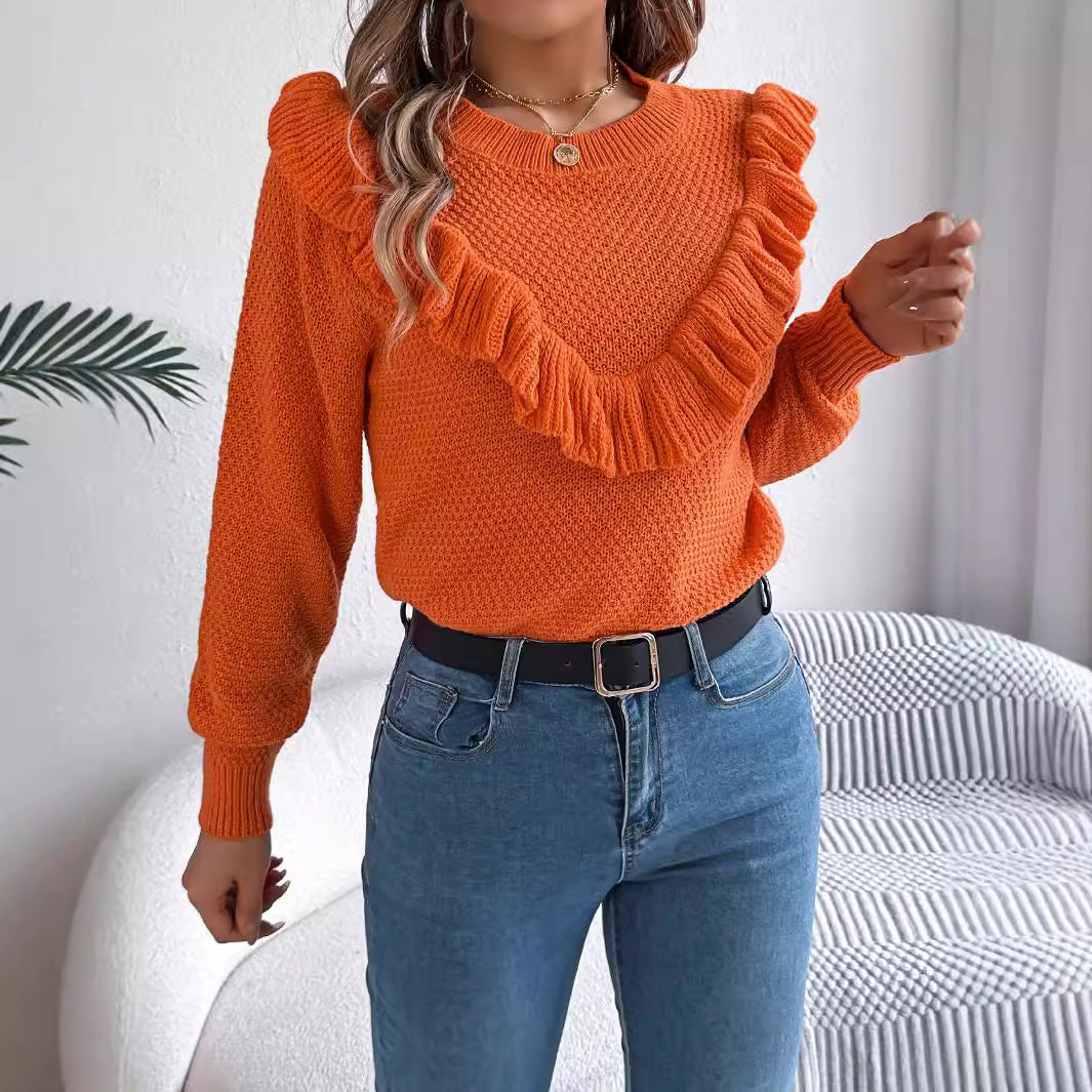 Elegant solid color ruffled long sleeved pullover sweater