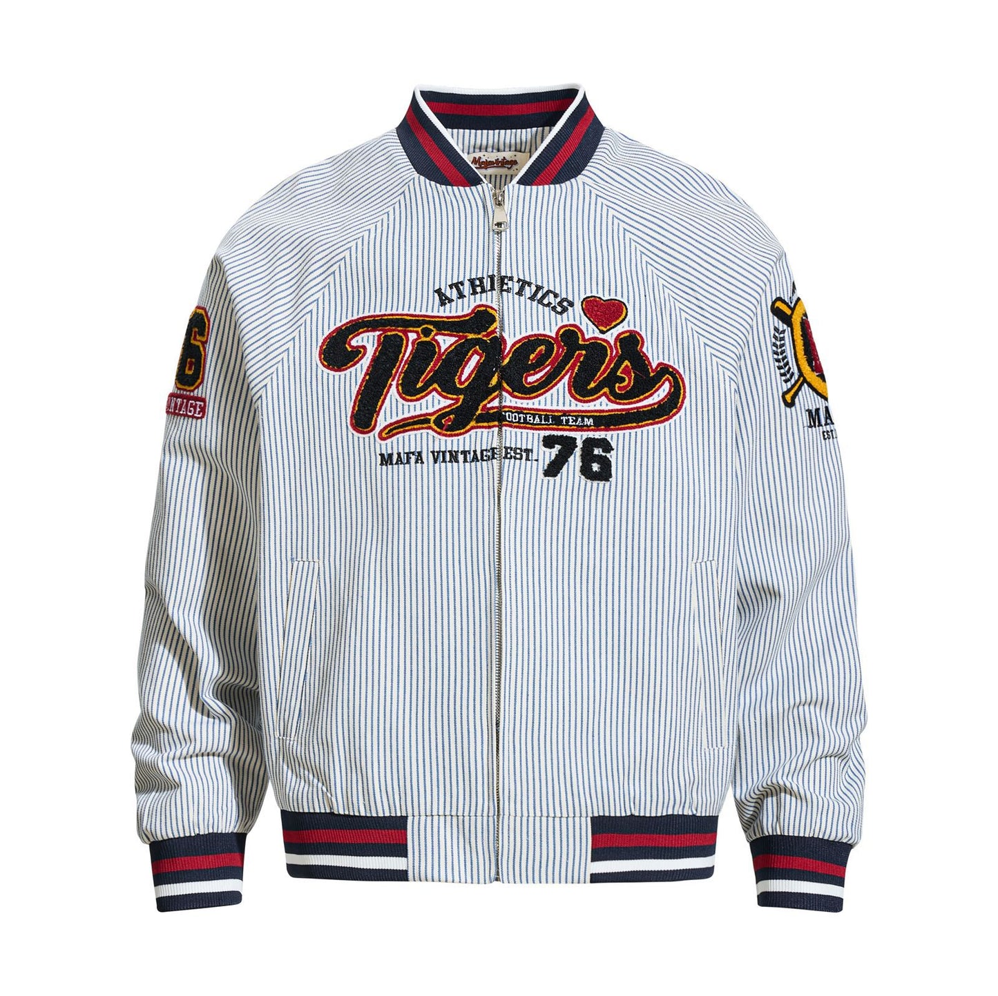 Color-blocked Letter Embroidery Stripe Baseball Jacket Unisex Oversized Casual Trendy Coat