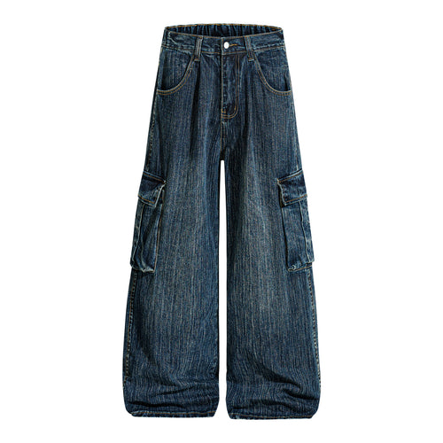 Retro Washed Topstitch Multi-Pocket Jeans Unisex Casual Straight Leg Slim Fit Couple Wide Leg Pants