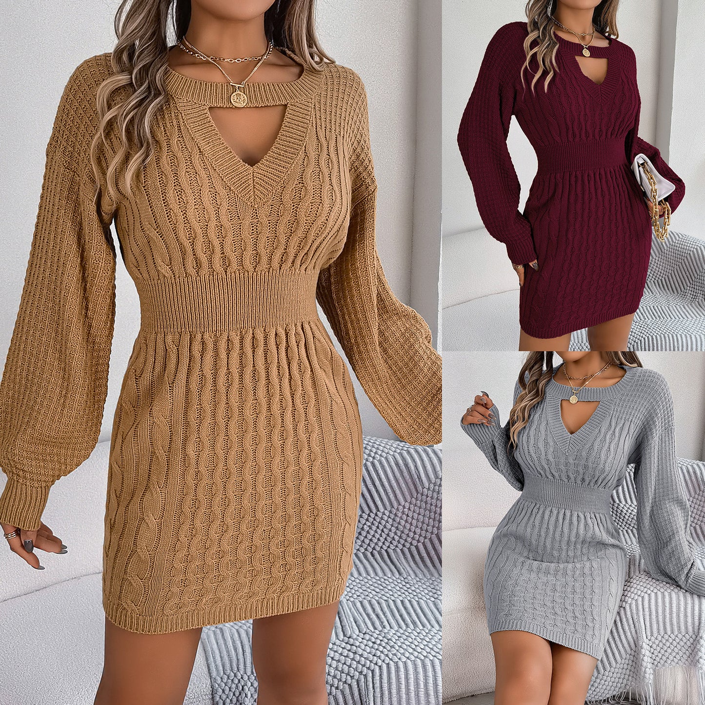 Solid Fried Dough Twists Hollow out Lantern Sleeve Hip Wrapped Wool Dress