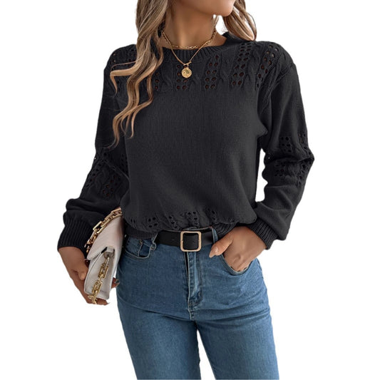 Solid color hollow lantern sleeve sweater