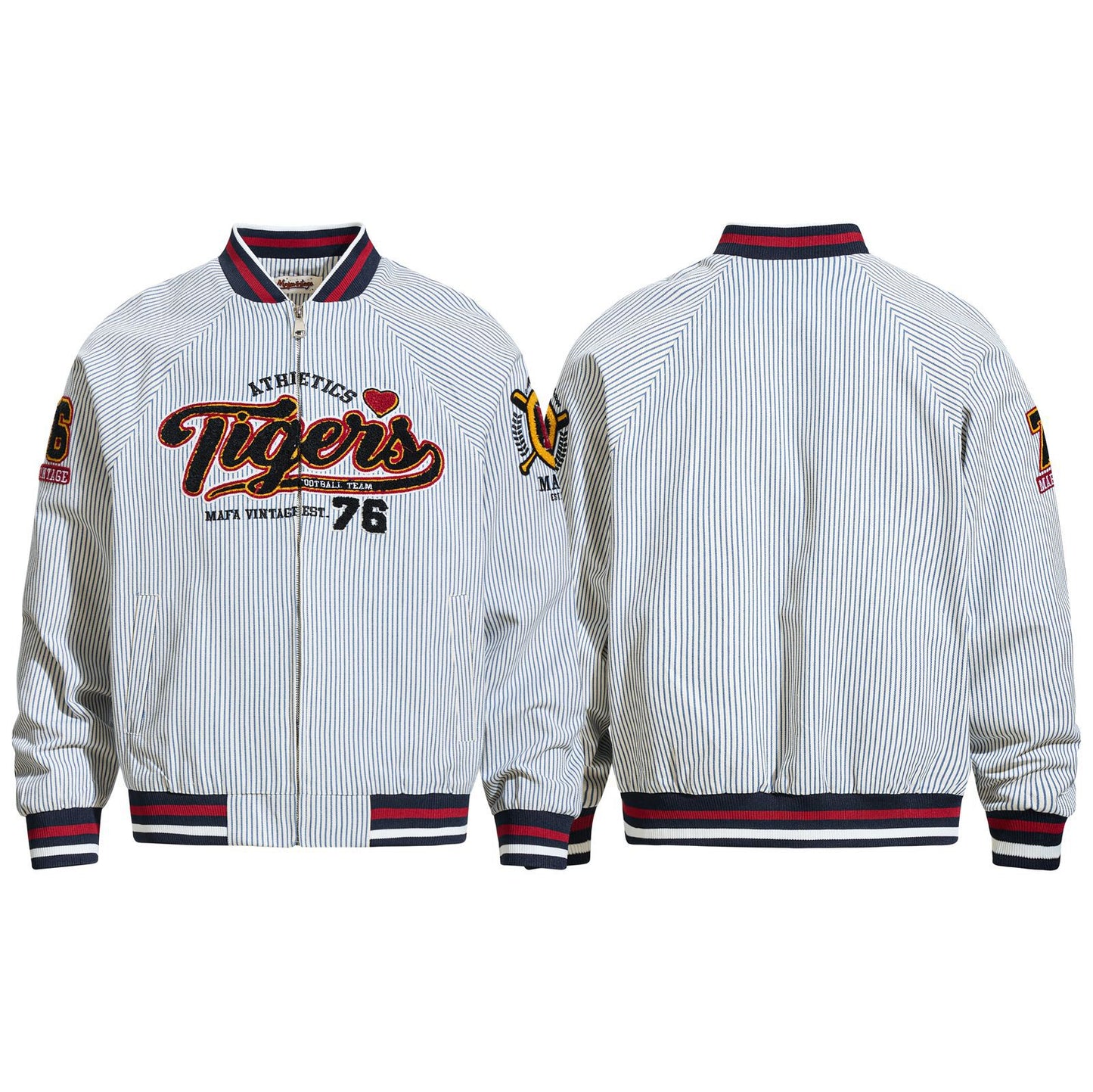 Color-blocked Letter Embroidery Stripe Baseball Jacket Unisex Oversized Casual Trendy Coat