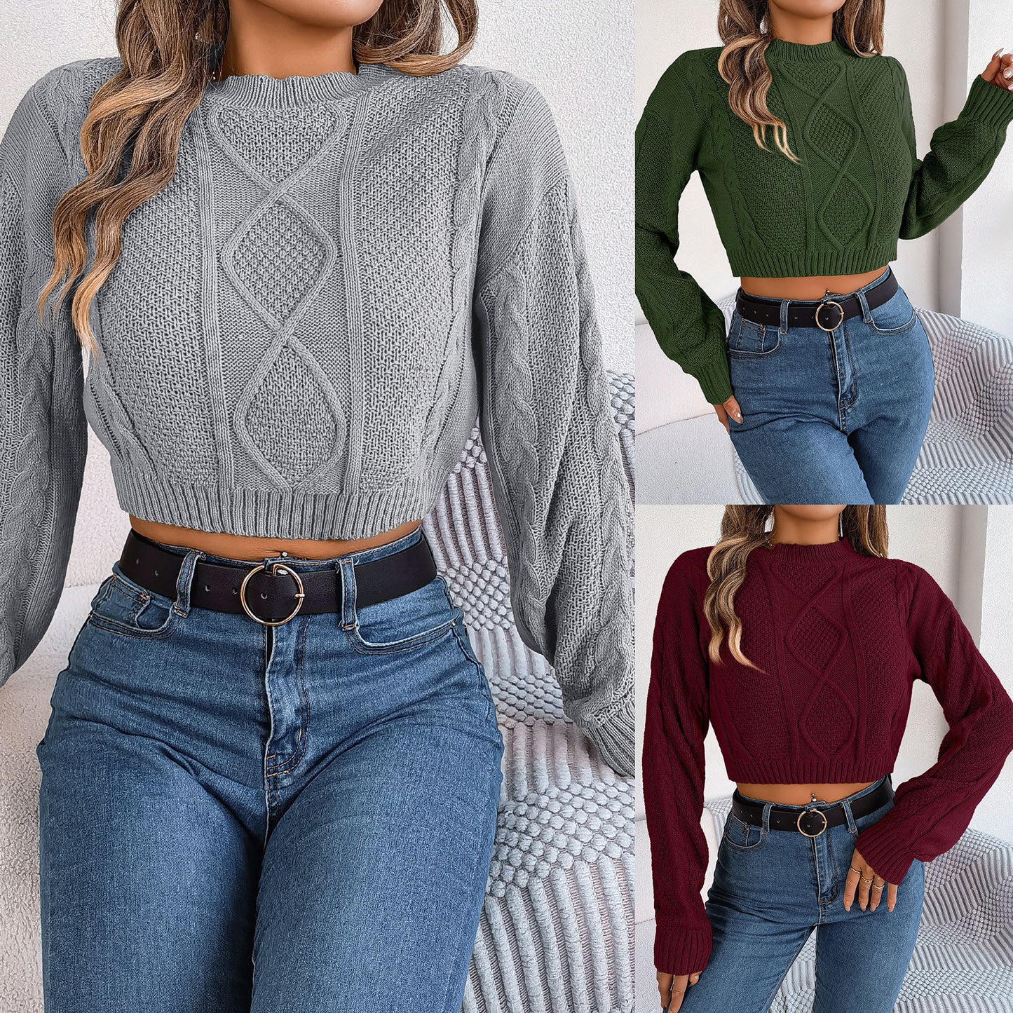 Autumn and Winter Leisure Solid Fried Dough Twists Long Sleeve Pullover with Umbilical Exposed Sweater