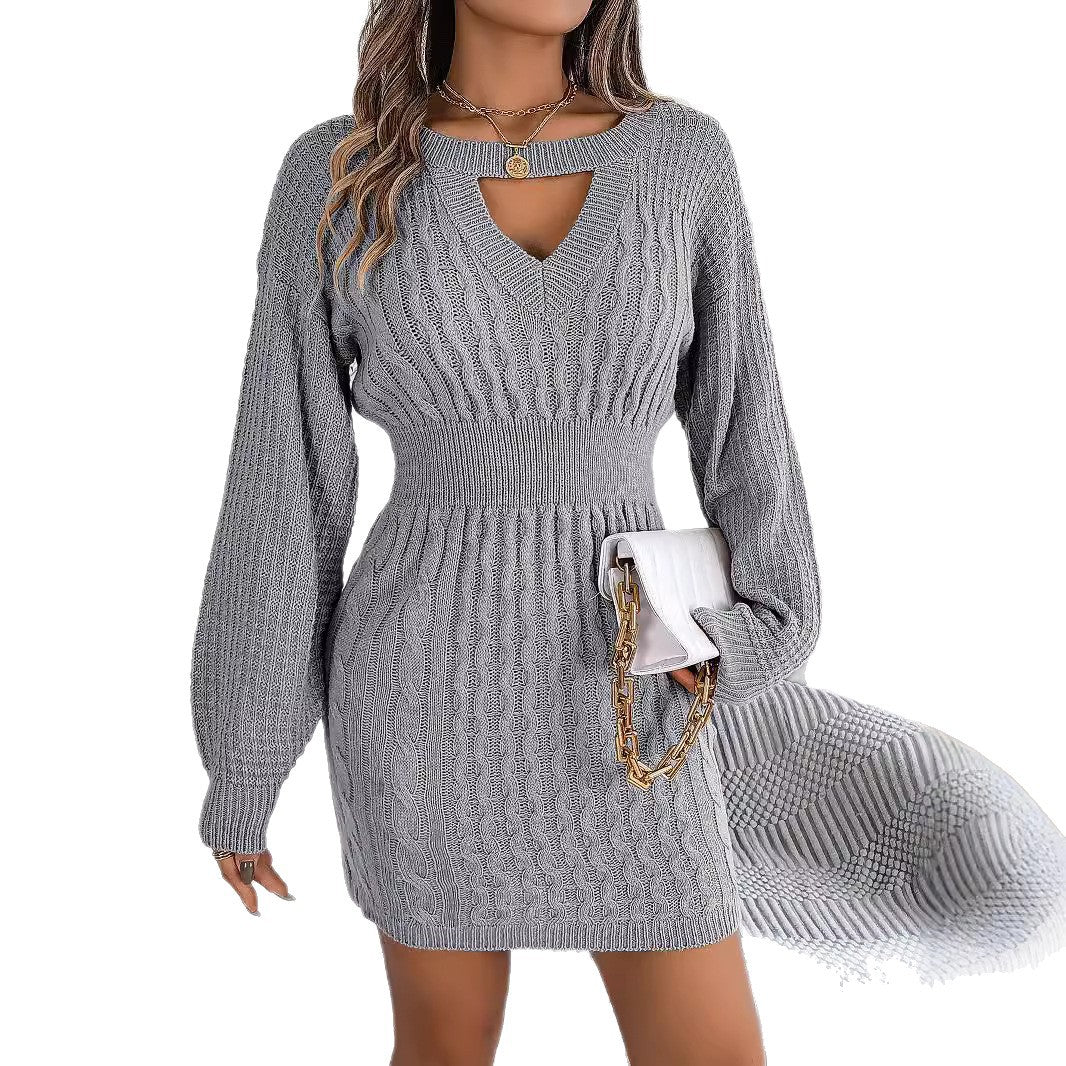 Solid Fried Dough Twists Hollow out Lantern Sleeve Hip Wrapped Wool Dress