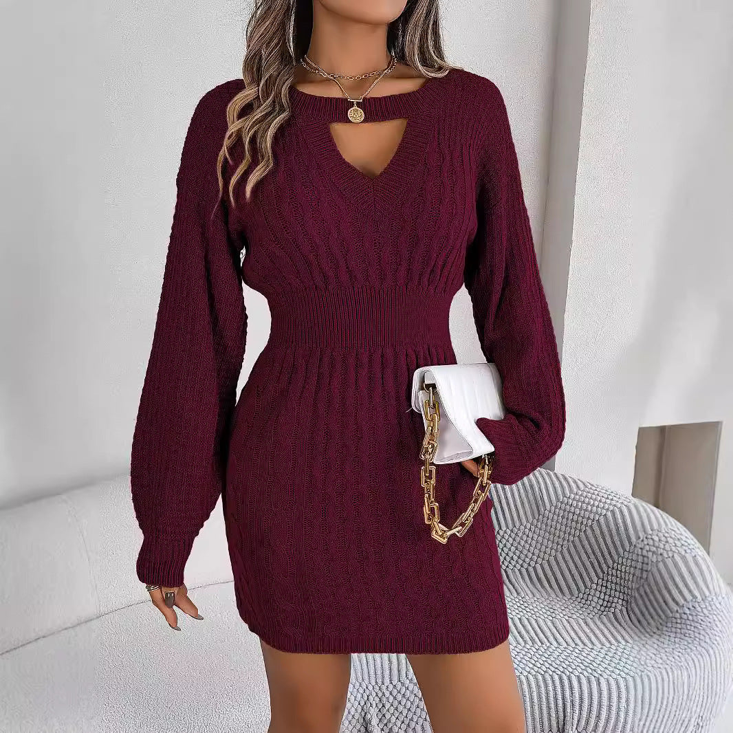 Solid Fried Dough Twists Hollow out Lantern Sleeve Hip Wrapped Wool Dress