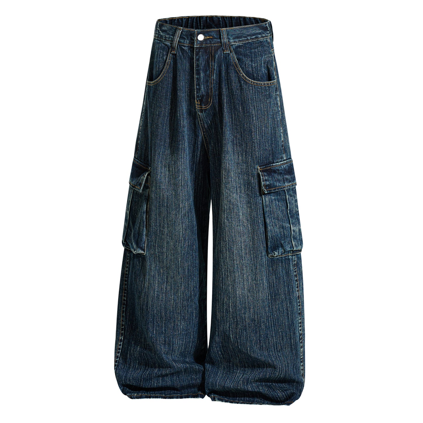 Retro Washed Topstitch Multi-Pocket Jeans Unisex Casual Straight Leg Slim Fit Couple Wide Leg Pants