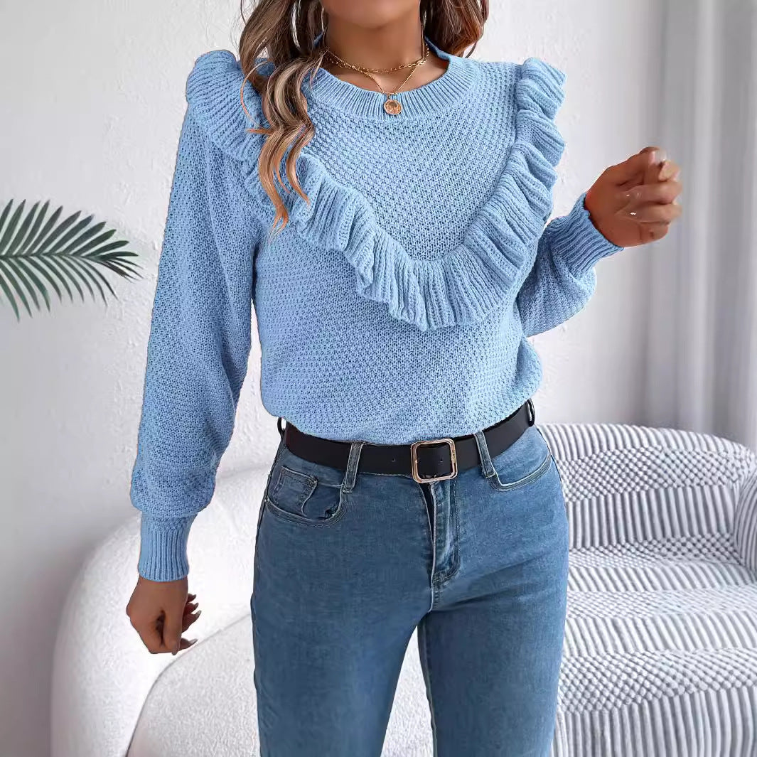 Elegant solid color ruffled long sleeved pullover sweater
