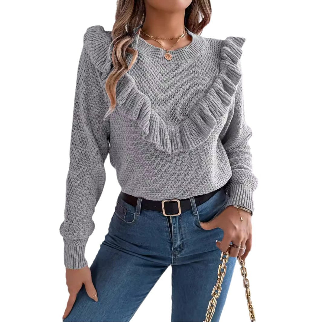 Elegant solid color ruffled long sleeved pullover sweater