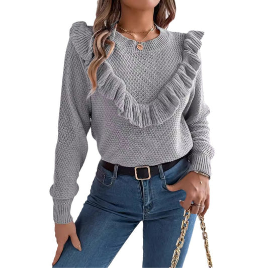 Elegant solid color ruffled long sleeved pullover sweater