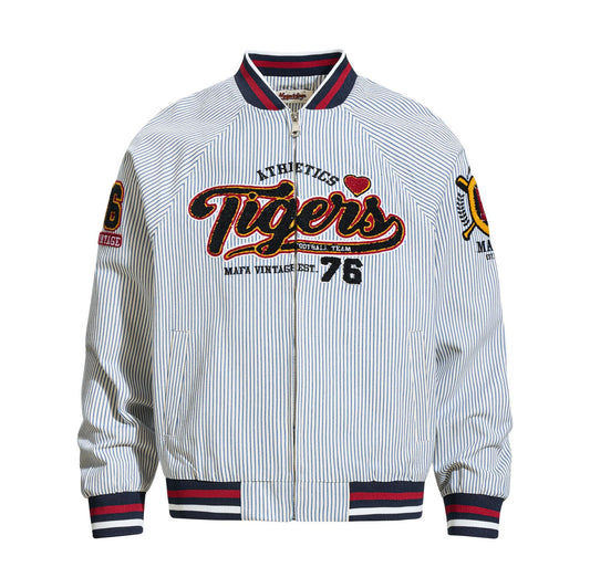 Color-blocked Letter Embroidery Stripe Baseball Jacket Unisex Oversized Casual Trendy Coat