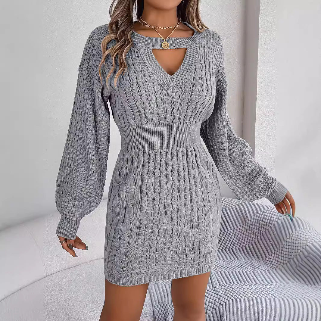 Solid Fried Dough Twists Hollow out Lantern Sleeve Hip Wrapped Wool Dress