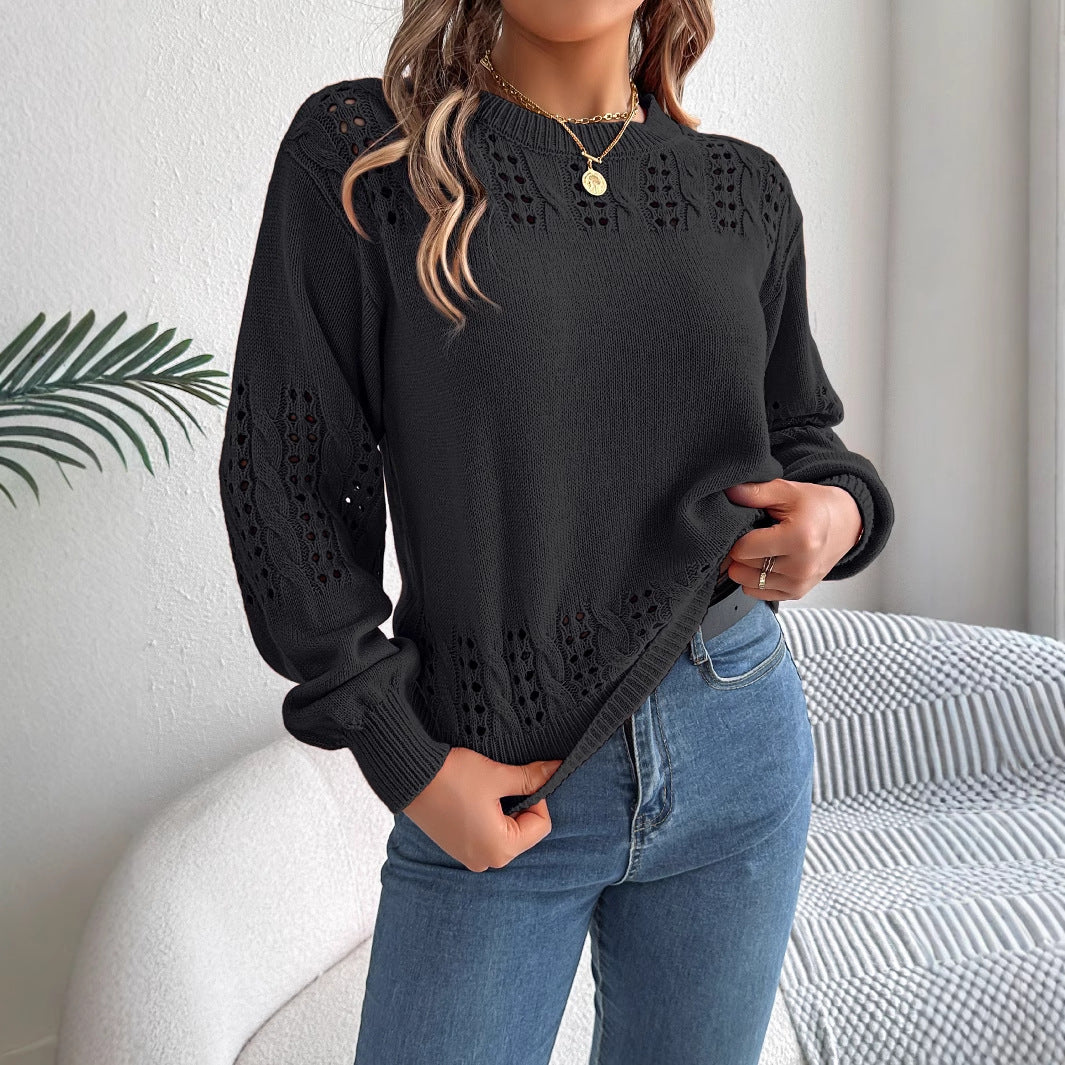 Solid color hollow lantern sleeve sweater