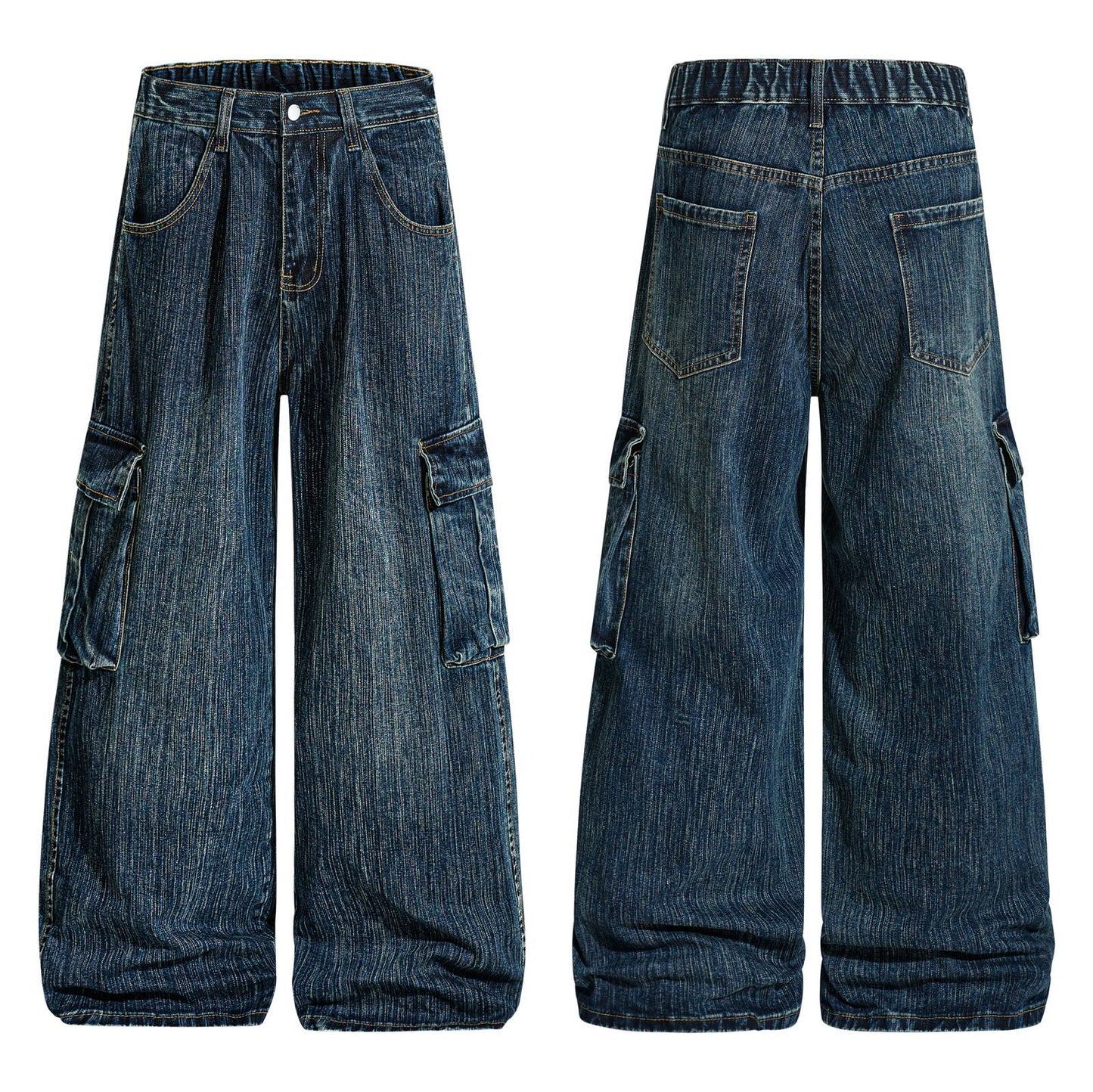 Retro Washed Topstitch Multi-Pocket Jeans Unisex Casual Straight Leg Slim Fit Couple Wide Leg Pants