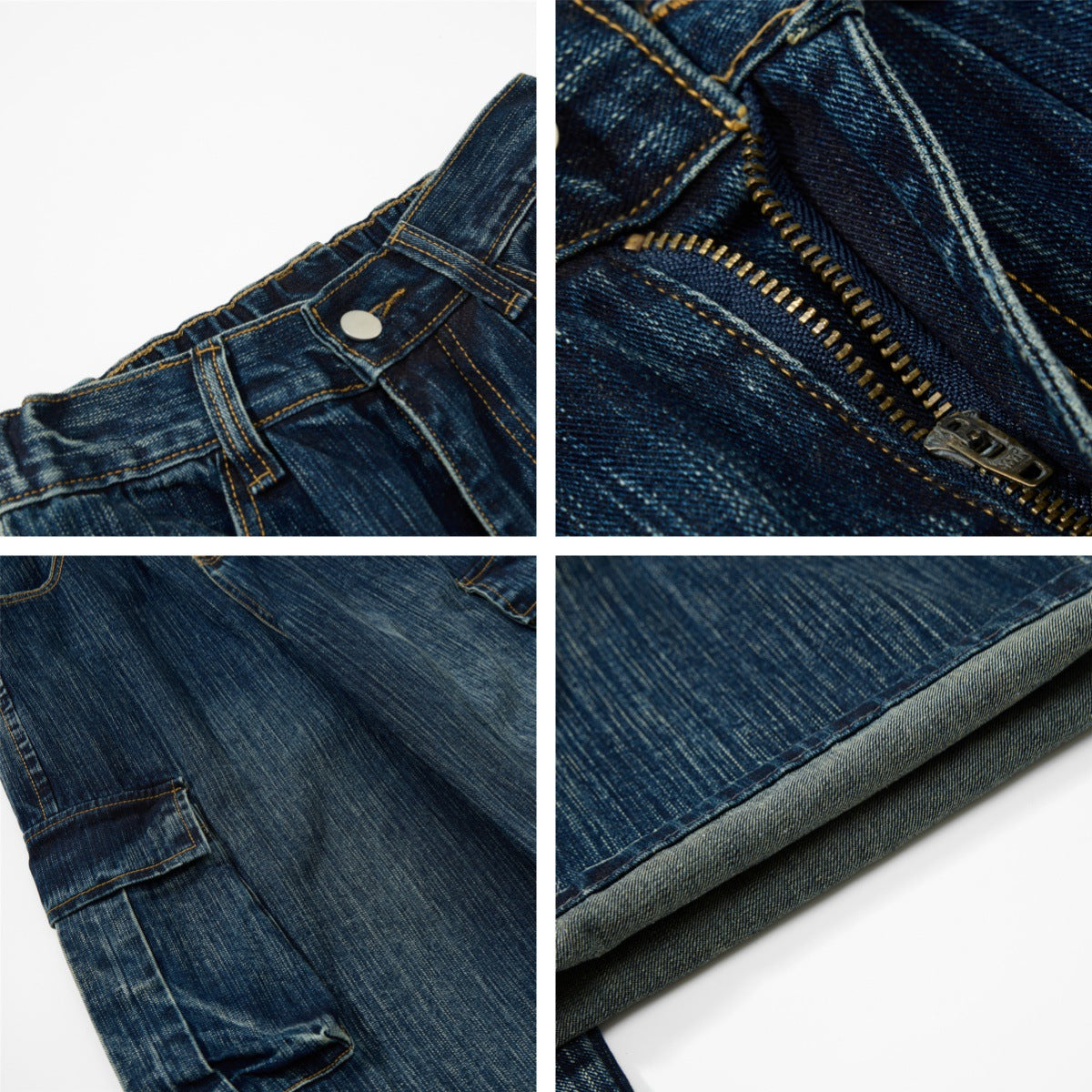 Retro Washed Topstitch Multi-Pocket Jeans Unisex Casual Straight Leg Slim Fit Couple Wide Leg Pants