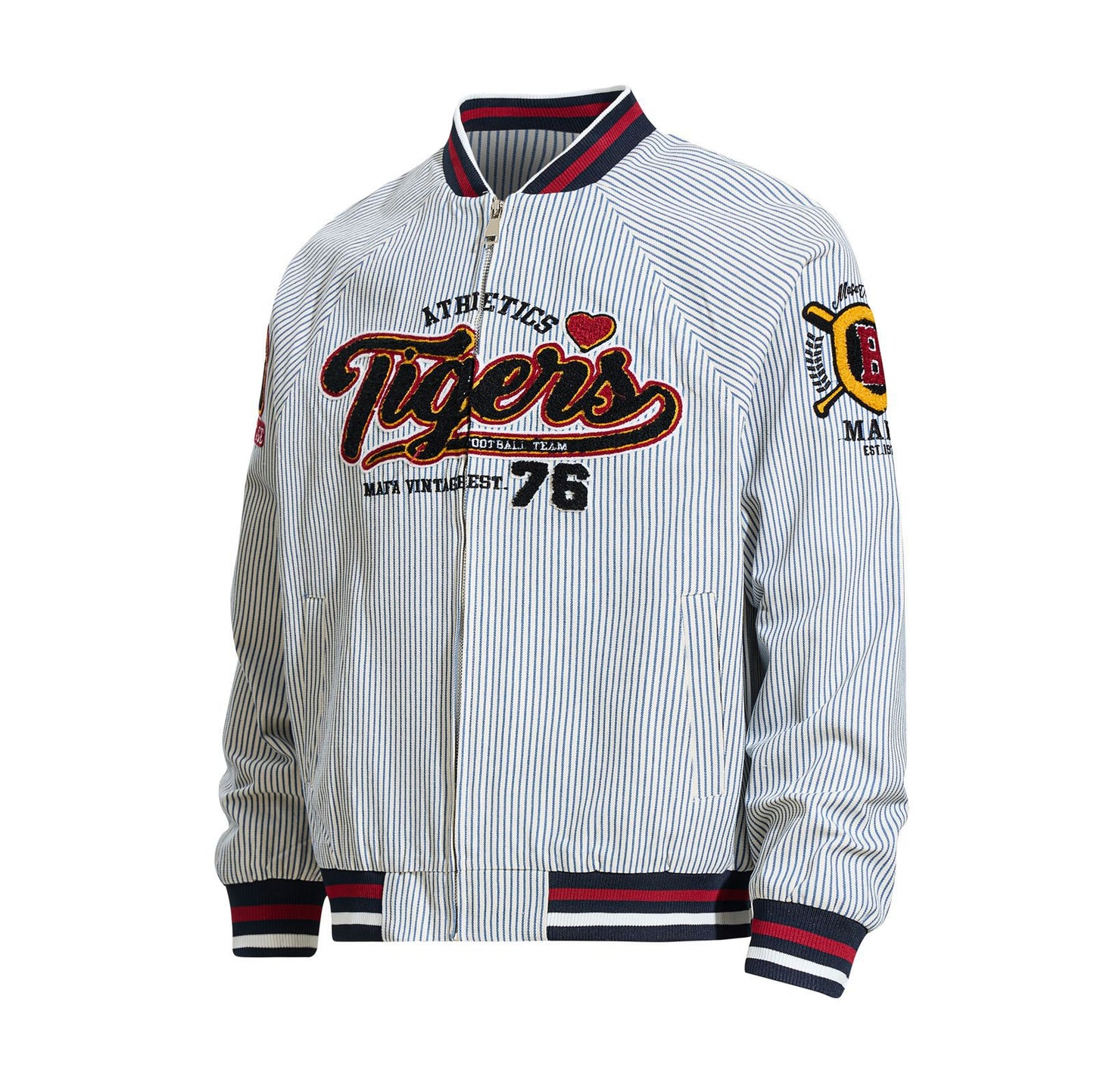 Color-blocked Letter Embroidery Stripe Baseball Jacket Unisex Oversized Casual Trendy Coat