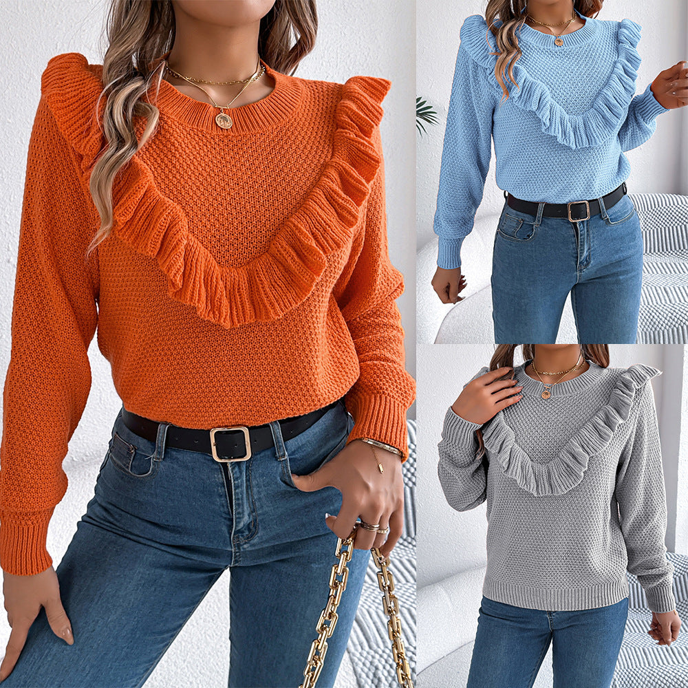 Elegant solid color ruffled long sleeved pullover sweater