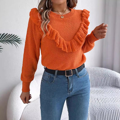 Elegant solid color ruffled long sleeved pullover sweater