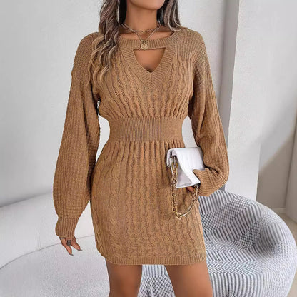 Solid Fried Dough Twists Hollow out Lantern Sleeve Hip Wrapped Wool Dress