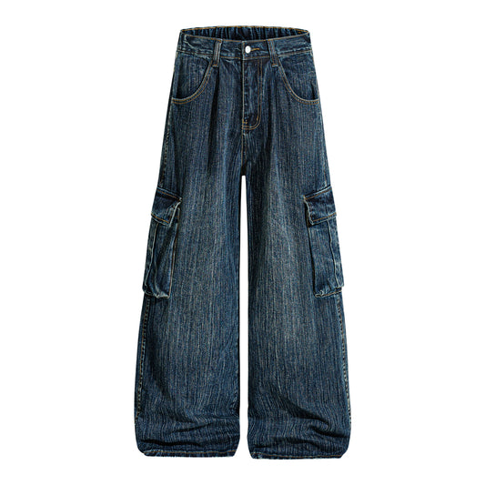 Retro Washed Topstitch Multi-Pocket Jeans Unisex Casual Straight Leg Slim Fit Couple Wide Leg Pants
