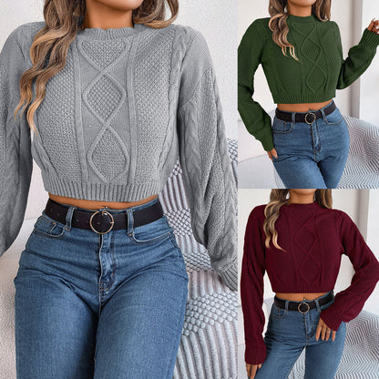 Autumn and Winter Leisure Solid Fried Dough Twists Long Sleeve Pullover with Umbilical Exposed Sweater