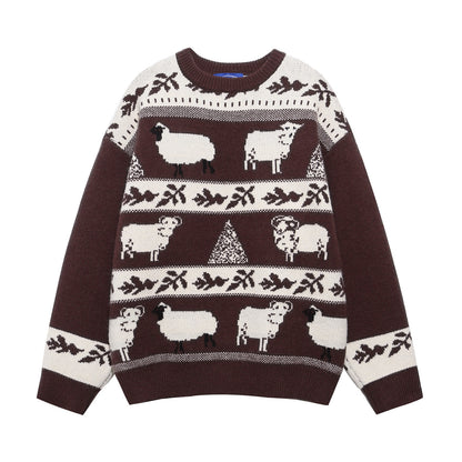 Cute Animal Stripe Color-Blocking Knit Sweater, Retro Style, Cozy Oversized Pullover, Unisex Casual Matching Sweater for Couples