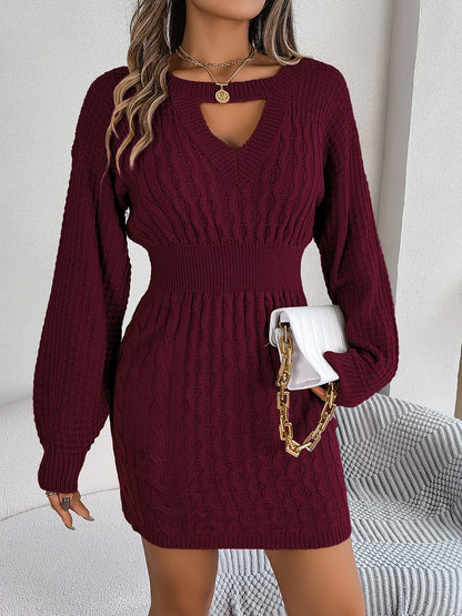 Solid Fried Dough Twists Hollow out Lantern Sleeve Hip Wrapped Wool Dress