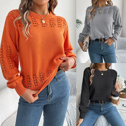 Solid color hollow lantern sleeve sweater