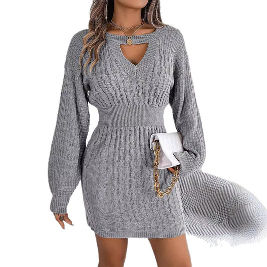 Solid Fried Dough Twists Hollow out Lantern Sleeve Hip Wrapped Wool Dress