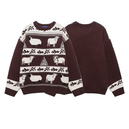Cute Animal Stripe Color-Blocking Knit Sweater, Retro Style, Cozy Oversized Pullover, Unisex Casual Matching Sweater for Couples