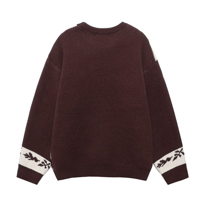 Cute Animal Stripe Color-Blocking Knit Sweater, Retro Style, Cozy Oversized Pullover, Unisex Casual Matching Sweater for Couples