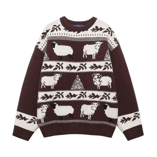 Cute Animal Stripe Color-Blocking Knit Sweater, Retro Style, Cozy Oversized Pullover, Unisex Casual Matching Sweater for Couples