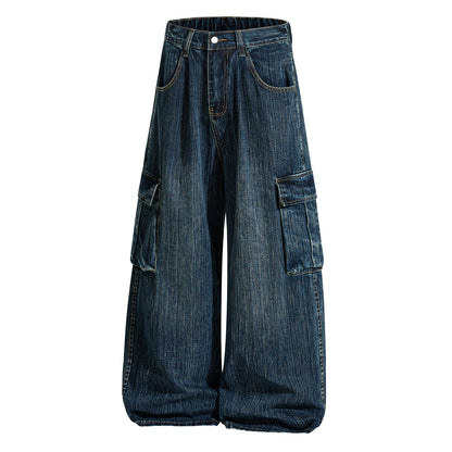 Retro Washed Topstitch Multi-Pocket Jeans Unisex Casual Straight Leg Slim Fit Couple Wide Leg Pants