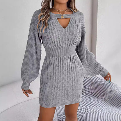 Solid Fried Dough Twists Hollow out Lantern Sleeve Hip Wrapped Wool Dress