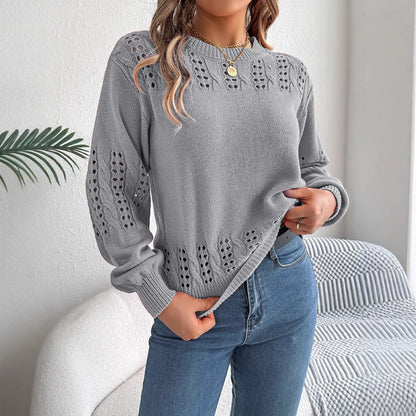 Solid color hollow lantern sleeve sweater